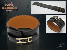 Hermes Fleuron Large Leather Bracelet Black With Gold